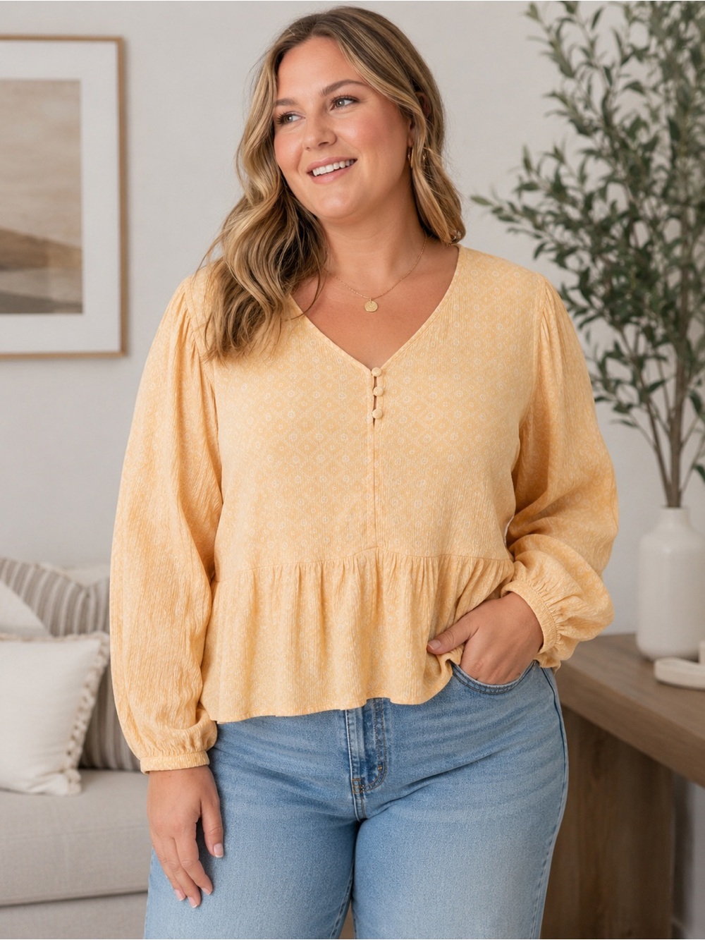 V-Neck Peplum Blouse in Pale Yellow